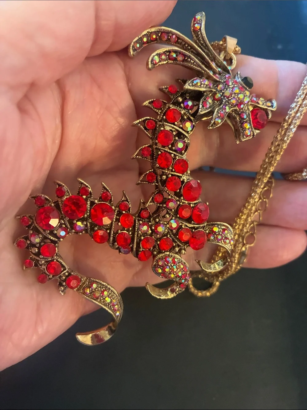 Red Dragon Pendant Necklace - Gold Tone Statement Jewelry